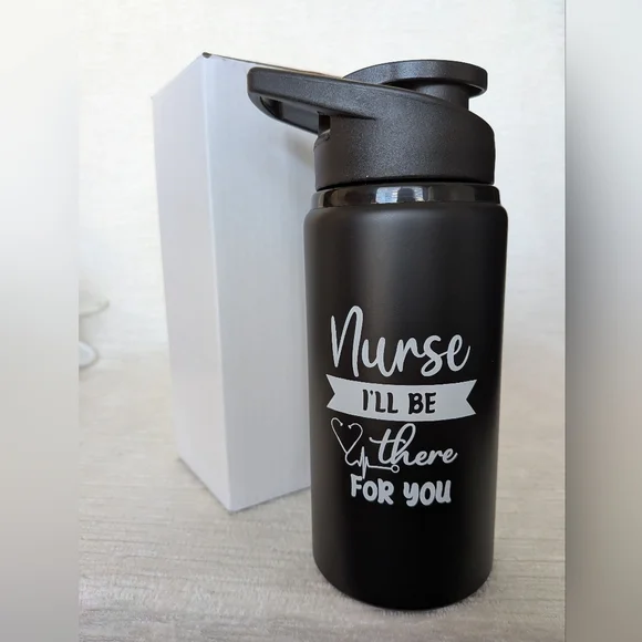 Metal Water Bottle 16oz Black Nurse Themed Black Flip Lid Never Used - Picture 1 of 11